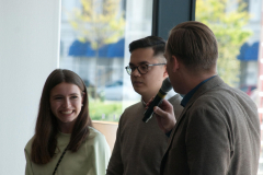 Anna and Philip interviewed by Joel Eklund, CEO of TePe. Photo: Johan Sigeman